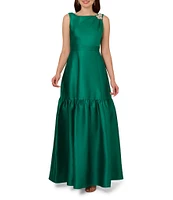 Adrianna Papell Mikado Boat Neck Sleeveless Applique Flounce Hem Shirred Gown