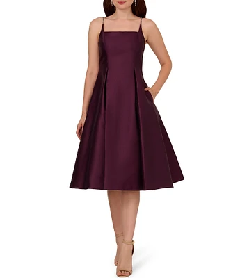 Adrianna Papell Mikado Fit And Flare Square Neck Sleeveless Pleated Midi Dress