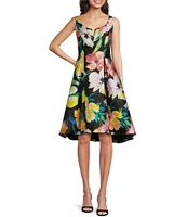 Adrianna Papell Mikado Floral Print Notch Scoop Neck Sleeveless High-Low Hem Fit and Flare Dress