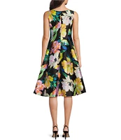 Adrianna Papell Mikado Floral Print Notch Scoop Neck Sleeveless High-Low Hem Fit and Flare Dress