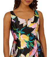 Adrianna Papell Mikado Floral Print Notch Scoop Neck Sleeveless High-Low Hem Fit and Flare Dress