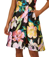 Adrianna Papell Mikado Floral Print Notch Scoop Neck Sleeveless High-Low Hem Fit and Flare Dress