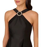 Adrianna Papell Mikado Halter Neck Sequin O-Ring Sleeveless Pleated Side Pocket Mini Dress