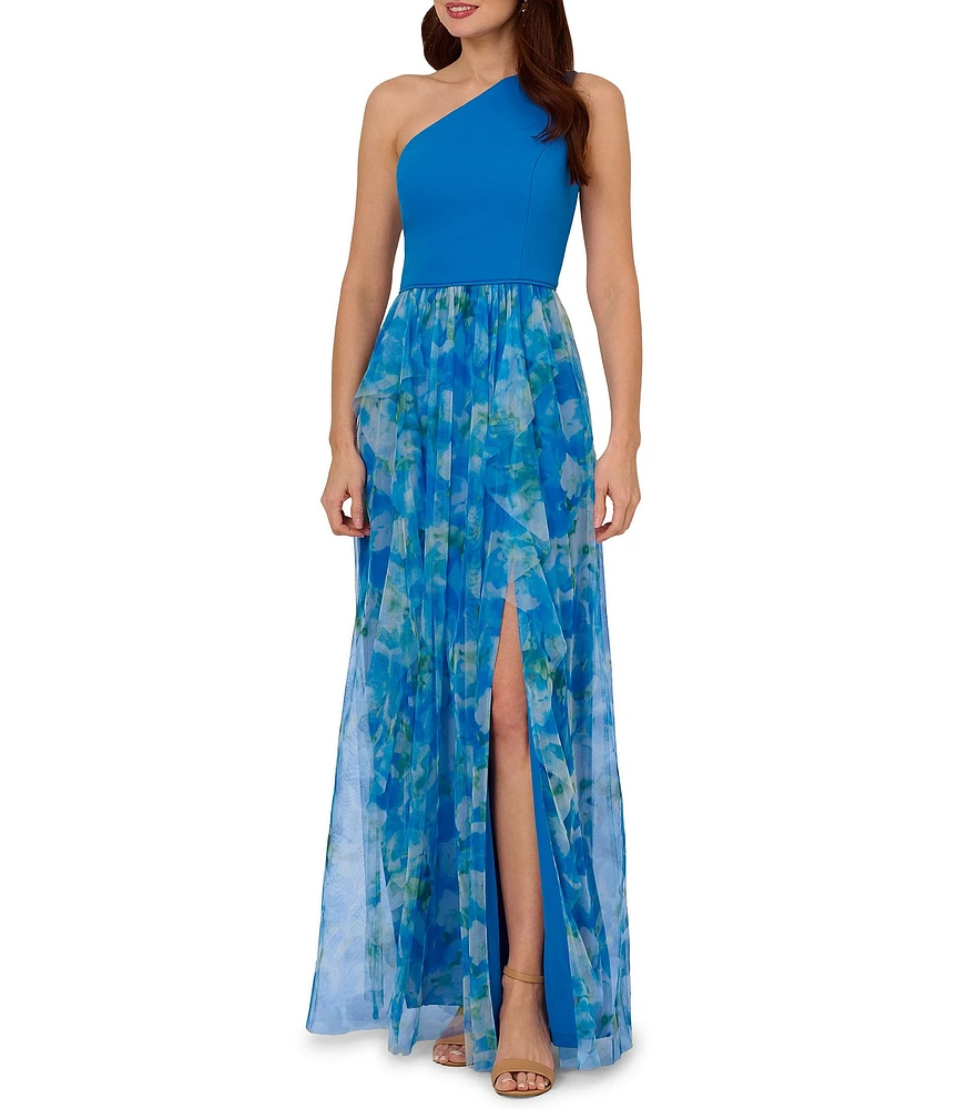 Adrianna Papell Mixed Media Floral Print One-Shoulder Neck Sleeveless A-Line Gown