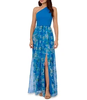Adrianna Papell Mixed Media Floral Print One-Shoulder Neck Sleeveless A-Line Gown