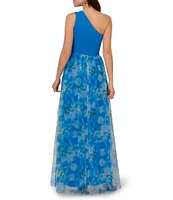 Adrianna Papell Mixed Media Floral Print One-Shoulder Neck Sleeveless A-Line Gown