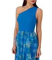 Adrianna Papell Mixed Media Floral Print One-Shoulder Neck Sleeveless A-Line Gown