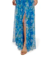 Adrianna Papell Mixed Media Floral Print One-Shoulder Neck Sleeveless A-Line Gown