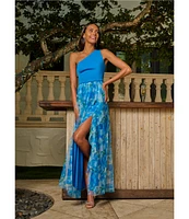 Adrianna Papell Mixed Media Floral Print One-Shoulder Neck Sleeveless A-Line Gown