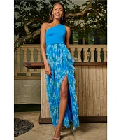 Adrianna Papell Mixed Media Floral Print One-Shoulder Neck Sleeveless A-Line Gown