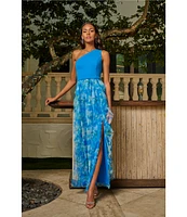Adrianna Papell Mixed Media Floral Print One-Shoulder Neck Sleeveless A-Line Gown