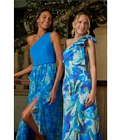 Adrianna Papell Mixed Media Floral Print One-Shoulder Neck Sleeveless A-Line Gown