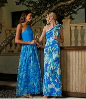 Adrianna Papell Mixed Media Floral Print One-Shoulder Neck Sleeveless A-Line Gown