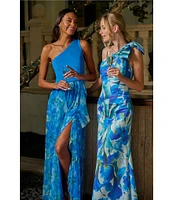 Adrianna Papell Mixed Media Floral Print One-Shoulder Neck Sleeveless A-Line Gown