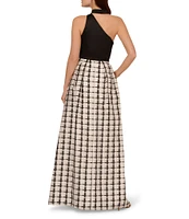 Adrianna Papell Mixed Media Plaid Halter Neck Sleeveless A-Line Gown