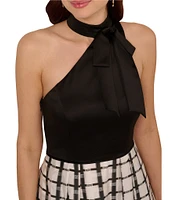 Adrianna Papell Mixed Media Plaid Halter Neck Sleeveless A-Line Gown