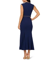 Adrianna Papell Mock Neck Pearl Trim Sleeveless Crepe Sheath Godet Hem Midi Dress
