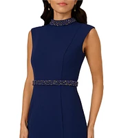 Adrianna Papell Mock Neck Pearl Trim Sleeveless Crepe Sheath Godet Hem Midi Dress