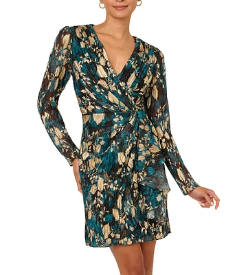 Adrianna Papell Novelty Knit Surplice V-Neck Long Sleeve Side Ruffle Faux Wrap Dress