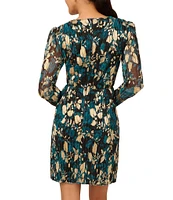 Adrianna Papell Novelty Knit Surplice V-Neck Long Sleeve Side Ruffle Faux Wrap Dress