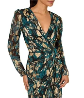 Adrianna Papell Novelty Knit Surplice V-Neck Long Sleeve Side Ruffle Faux Wrap Dress