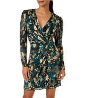 Adrianna Papell Novelty Knit Surplice V-Neck Long Sleeve Side Ruffle Faux Wrap Dress