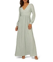 Adrianna Papell Novelty Metallic Knit V-Neck Blouson Sleeves Pleated A-Line Gown