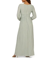 Adrianna Papell Novelty Metallic Knit V-Neck Blouson Sleeves Pleated A-Line Gown