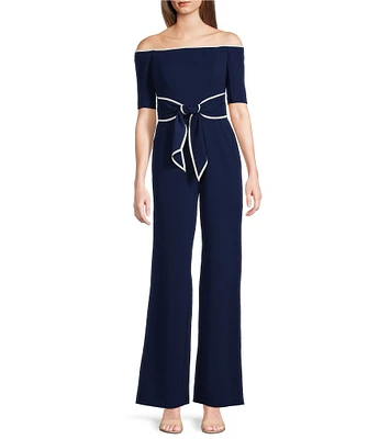 Adrianna Papell Off-the-Shoulder Short Elbow Sleeve Contrast Piping Stretch Crepe Twist Tie Waist Straight Leg Jumpsuit