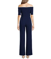 Adrianna Papell Off-the-Shoulder Short Elbow Sleeve Contrast Piping Stretch Crepe Twist Tie Waist Straight Leg Jumpsuit