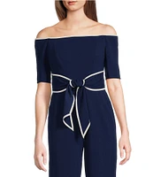 Adrianna Papell Off-the-Shoulder Short Elbow Sleeve Contrast Piping Stretch Crepe Twist Tie Waist Straight Leg Jumpsuit