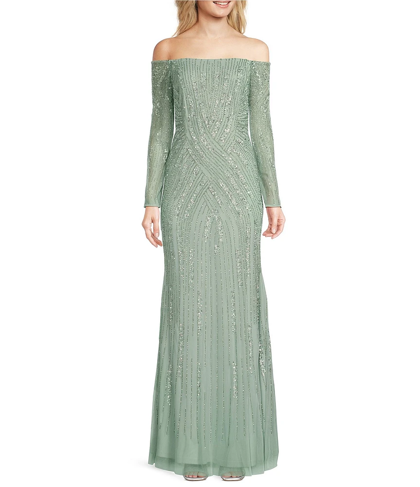 Adrianna Papell Off-The-Shoulder Long Sleeve Beaded Mesh Gown