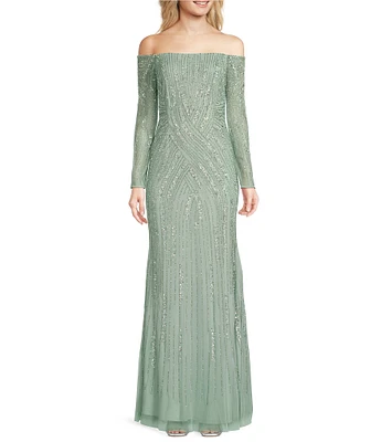 Adrianna Papell Off-The-Shoulder Long Sleeve Beaded Mesh Gown