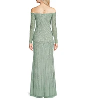 Adrianna Papell Off-The-Shoulder Long Sleeve Beaded Mesh Gown