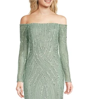 Adrianna Papell Off-The-Shoulder Long Sleeve Beaded Mesh Gown