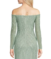 Adrianna Papell Off-The-Shoulder Long Sleeve Beaded Mesh Gown