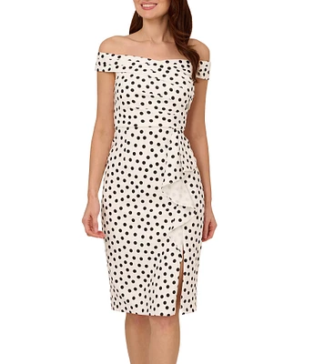 Adrianna Papell Off-The-Shoulder Pleated Bodice Dotted Ruffle Front Mikado Sheath