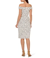 Adrianna Papell Off-The-Shoulder Pleated Bodice Dotted Ruffle Front Mikado Sheath