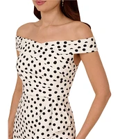 Adrianna Papell Off-The-Shoulder Pleated Bodice Dotted Ruffle Front Mikado Sheath