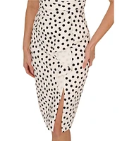 Adrianna Papell Off-The-Shoulder Pleated Bodice Dotted Ruffle Front Mikado Sheath