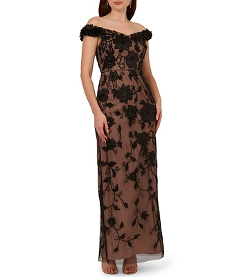 Adrianna Papell Off-The-Shoulder Rosette Beaded Column Gown