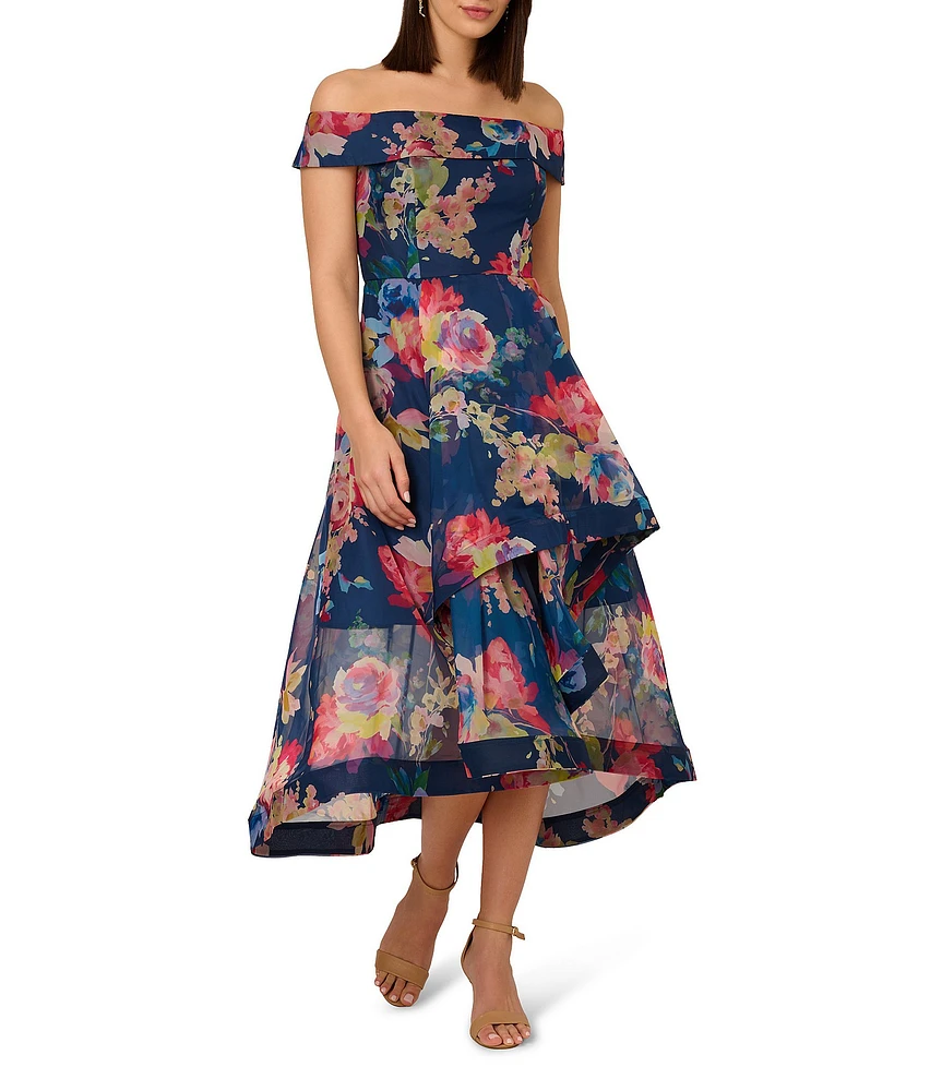 Adrianna Papell Off-The-Shoulder Ruffle Front Floral Organza A-Line Midi Dress