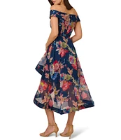 Adrianna Papell Off-The-Shoulder Ruffle Front Floral Organza A-Line Midi Dress