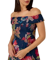 Adrianna Papell Off-The-Shoulder Ruffle Front Floral Organza A-Line Midi Dress