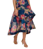 Adrianna Papell Off-The-Shoulder Ruffle Front Floral Organza A-Line Midi Dress