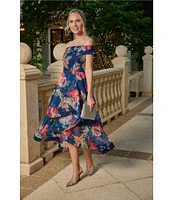 Adrianna Papell Off-The-Shoulder Ruffle Front Floral Organza A-Line Midi Dress
