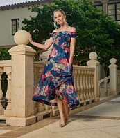 Adrianna Papell Off-The-Shoulder Ruffle Front Floral Organza A-Line Midi Dress