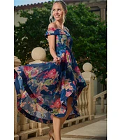 Adrianna Papell Off-The-Shoulder Ruffle Front Floral Organza A-Line Midi Dress