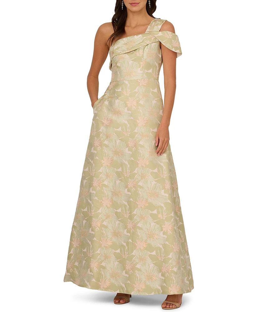 Adrianna Papell One Shoulder Asymmetrical Neckline Floral Jacquard A-Line Gown
