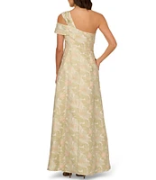 Adrianna Papell One Shoulder Asymmetrical Neckline Floral Jacquard A-Line Gown